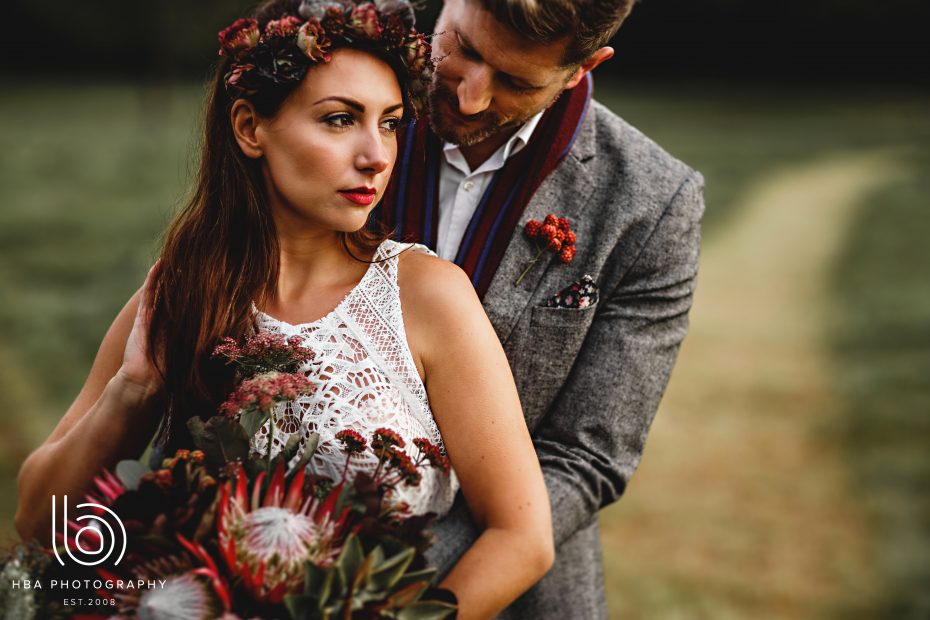 Stunning autumn light with bride and groom