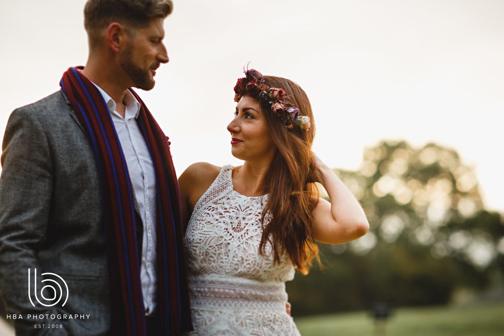 Stunning autumn light with bride and groom